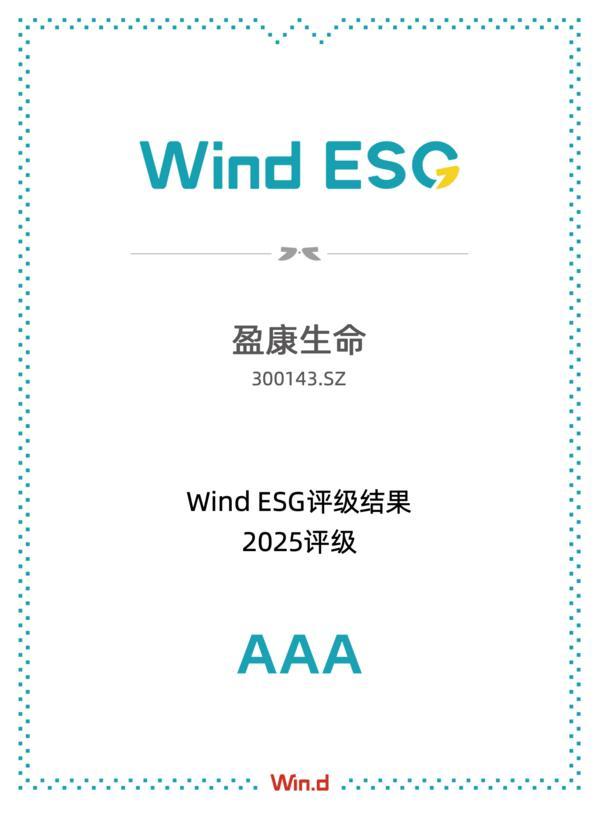 两年连升两级！盈康生命获万得esg最高评级aaa级